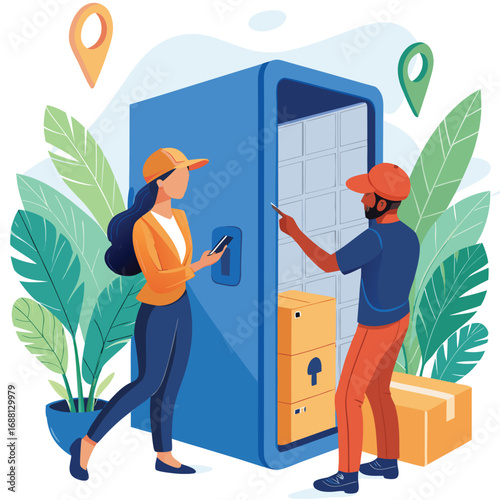 Vector art of delivery service with a woman holding a phone and a man opening a locker with boxes on a