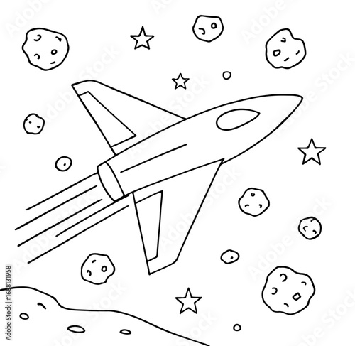 Starship Flying through Asteroid Field Outline Coloring Page for Space Adventure Art