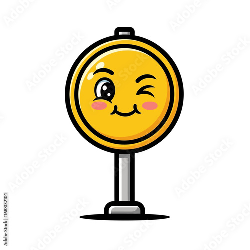 A yellow circular road sign with a cute winking face on a gray pole against a white background illustration