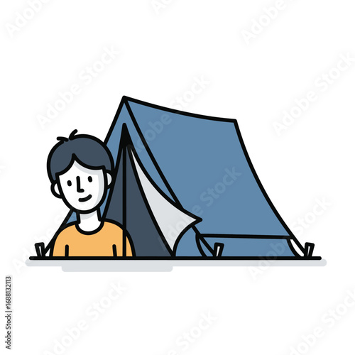 A cartoon illustration of a person standing outside a blue tent with a white interior flap visible