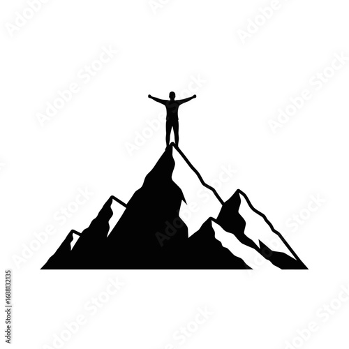 Silhouette of a person standing atop a mountain peak with arms outstretched in a triumphant pose on white