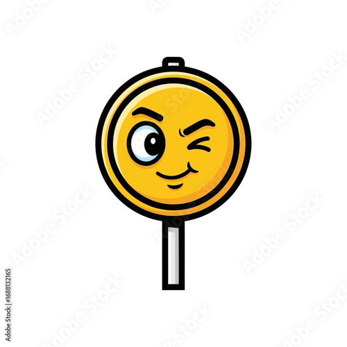 A yellow round sign with a winking face and a white eye on a white background with a black outline