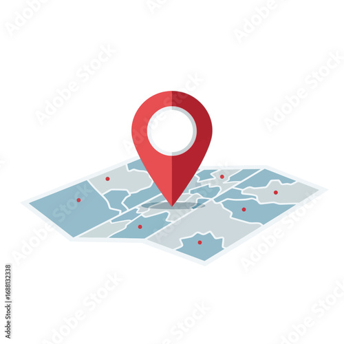 Red location pin pointing on a map with blue and gray areas and other red location points scattered around