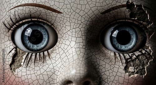 Damaged porcelain doll face with blue eyes