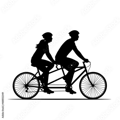 Silhouette of a couple riding a tandem bicycle with helmets on a white background in vector format