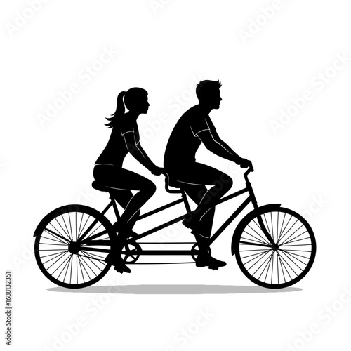 Silhouette of a man and woman riding a tandem bicycle on a white background in a vector image
