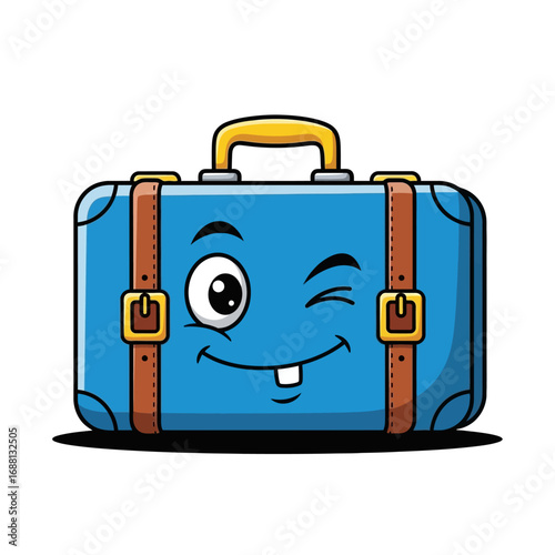 A cartoon blue suitcase with brown straps, a yellow handle, and a winking face on a white background