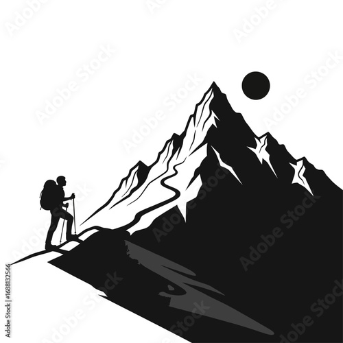 A hiker with backpack and trekking poles climbing a mountain under a sun in monochrome style art