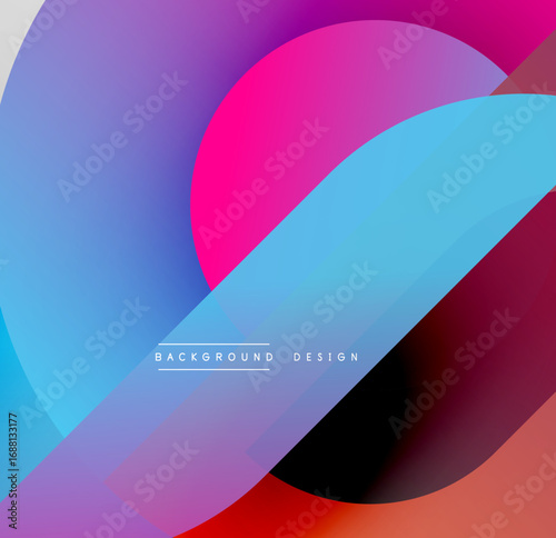 Abstract colorful shapes overlap creating dynamic visual effect. Gradient hues blend smoothly, modern design element.