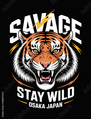 This intense illustration showcases a fearsome tiger with striking features, capturing its wild spirit and raw power, set on a bold black background.