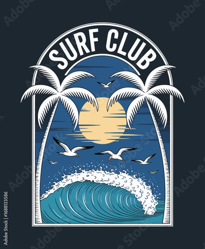 This vivid illustration captures a dynamic surf wave under a bright moon, framed by palm trees and seagulls, embodying a vibrant beach lifestyle and surf culture.