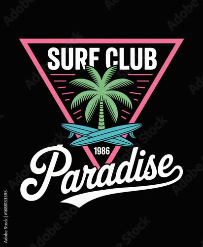 A retro-themed logo showcases the Surf Club, featuring a palm tree, crossed surfboards, and elegant typography, offering a nostalgic nod to beach culture from 1986.