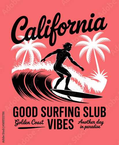 A classic depiction of a surfer riding a wave, encapsulating the essence of California beach life and the thrill of surfing amidst tropical surroundings.