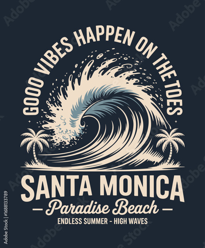 This artistic image showcases a vibrant wave design, capturing the essence of Santa Monica and its beach culture with tropical elements and an uplifting vibe.