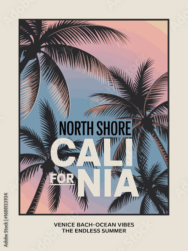 An artful poster capturing the tropical essence of North Shore California, complete with palm silhouettes against a calming pastel sunset, inspiring endless summer vibes.