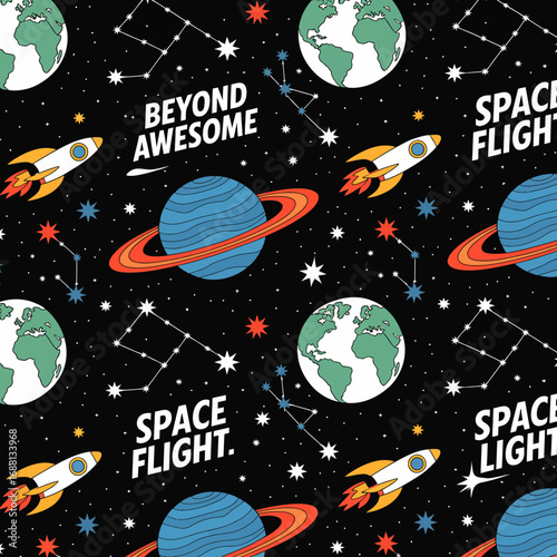 A vibrant space-themed pattern featuring planets, rockets, and stars, perfect for designs aimed at kids or anyone fascinated by the wonders of the universe and space travel.
