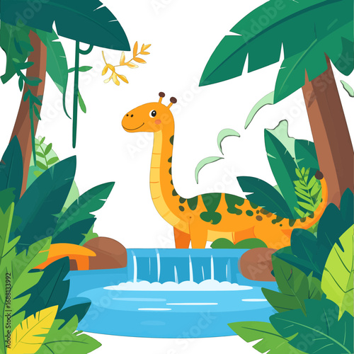 Cute Orange Brontosaurus Standing Near Waterfall with Lush Green Plants in Vector Illustration Against White Background
