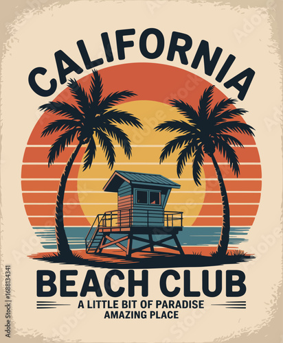 This vibrant artwork captures the essence of a California beach club, showcasing a picturesque scene with palm trees and a lifeguard tower, emphasizing a relaxed lifestyle.