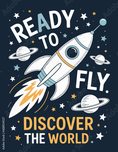 A whimsical illustration of a rocket ship blasting off into space surrounded by stars and planets, capturing a sense of adventure and discovery in a colorful and engaging style.