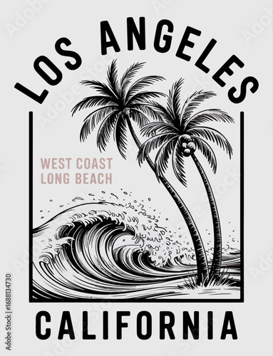 This artistic depiction showcases the iconic palm trees of Los Angeles with waves, offering a glimpse into California's vibrant coastal lifestyle and scenery.