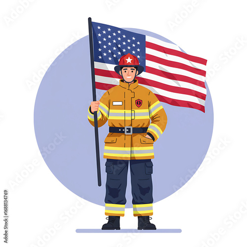 American Firefighter Holding Flag Patriotism Courage and Service