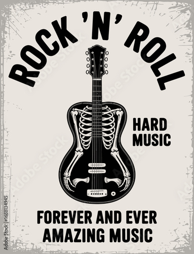 This artistic representation of a skeleton guitar symbolizes the everlasting essence of rock music and celebrates its profound influence on culture and creativity.