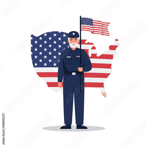 Proud American Veteran Holding Flag Patriotic Illustration
