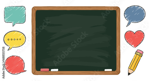 classroom blackboard surrounded by colorful speech bubbles heart pencil