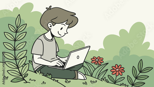 Boy in Casual T-Shirt Working with Laptop in Garden Surrounded by Plants – Modern Technology Lifestyle Vector