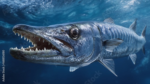 A great barracuda swims in the ocean, its sharp teeth visible in the clear blue water