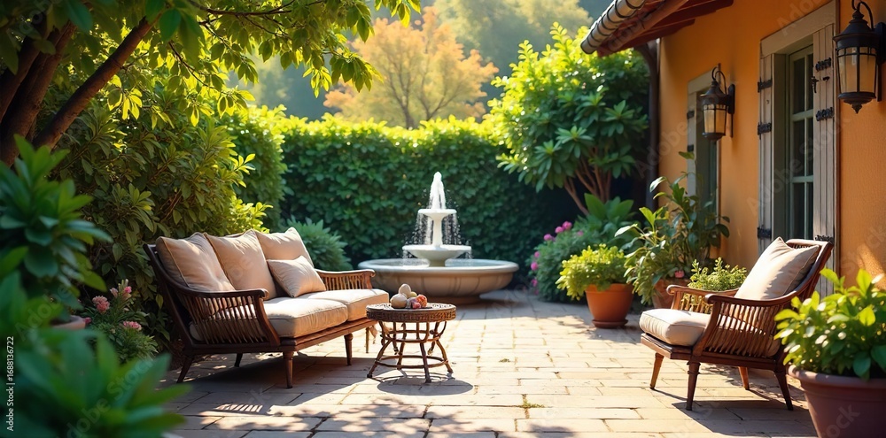Obraz premium A vibrant, sun-drenched patio scene featuring comfortable furniture, lush plants, and a tranquil fountain, suggesting relaxation and contentment in retirement , joyful, retirement plan, patio
