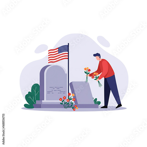 Man Placing Flowers on Grave Memorial Day Remembrance American Flag