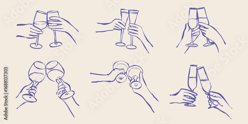 hands toasting with wine and champagne glasses in cheers gesture for celebration, beverages party, social gathering, anniversary or holiday moment. Vector doodle hand drawn illustration
