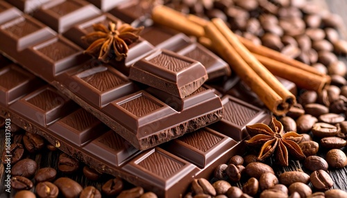 Dark chocolate, coffee beans, and cinnamon