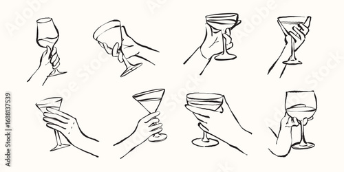 Hands holding wine and cocktail glasses from various angles in elegant line art style, ideal for beverages party, lifestyle decor, bar menus and creative event design. Doodle hand drawn illustration