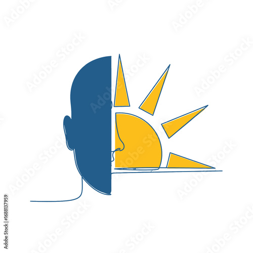 Blue And Yellow Graphic Illustration Depicting Duality Of Mind With One Half Of Head Dark And Other Half Depicting Sun Rays Isolated On White Background