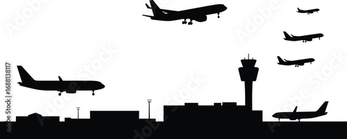 Airport silhouette with airplanes flying, air traffic control tower, landing and taking off planes, aviation, travel, airport terminal, black vector illustration