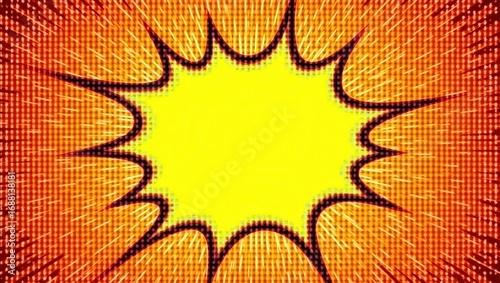 A vibrant yellow comic book speech bubble bursts from a radiating orange and red halftone background.  The bubble's outline is thick black, and the effect is dynamic and energetic