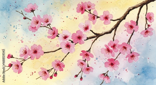 水彩画 春の桜 優しく咲く淡いピンクの花びら 春の光. AI Generated
