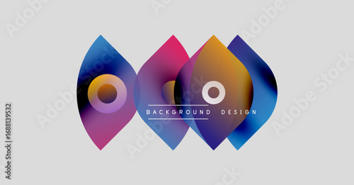 Abstract shapes overlap, creating vibrant color gradients. Design features circular elements within pointed forms. Background is light gray.