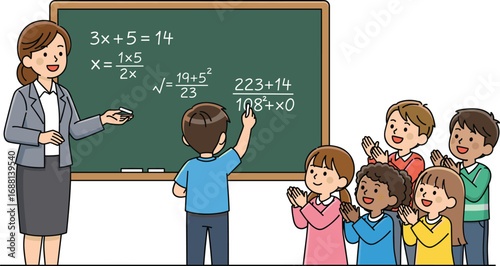Happy teacher teaching math to students in classroom, boy solving equations on chalkboard, classmates clapping, school learning concept