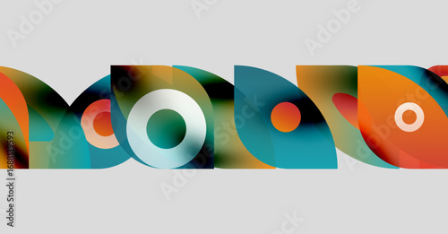 Abstract shapes overlap, creating vibrant color patterns. Circles, curves, gradients define modern design elements. Composition feels dynamic, energetic.