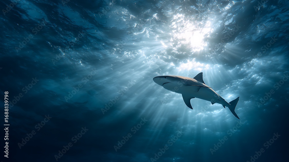 Fototapeta premium Great white shark swimming in the deep blue ocean, with sunlight filtering through the water