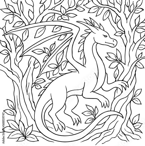 Forest Dragon with Ancient Trees Outline Coloring Page for Fantasy Nature and Coloring Art