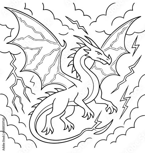 Storm Dragon in Lightning Skies Outline Coloring Page for Fantasy Myth and Adventure Fans