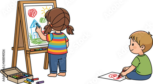 Little girl drawing on easel and boy sketching on paper, fun children art activity, creative classroom, colorful learning moment