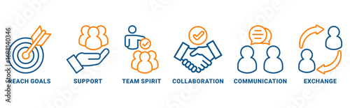 Working together icon set vector concept with icon of collaboration, reach goals, team spirit, support, communication, exchange 