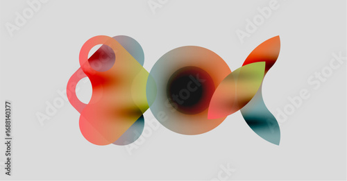 Abstract colorful shapes overlap, creating dynamic visual composition. Soft gradients suggest movement, depth. Minimalist background enhances forms.
