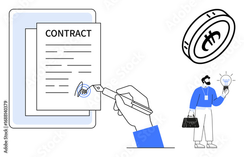 Hand signing contract document with pen, large coin symbolizing finance, person holding lightbulb for ideas. Ideal for business, partnerships, agreements, creativity, finance, innovation success