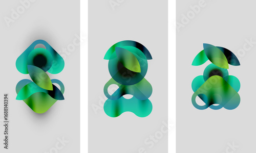 Abstract artwork. Three panels display layered, translucent shapes. Colors shift from teal to green, creating dynamic visual effect.